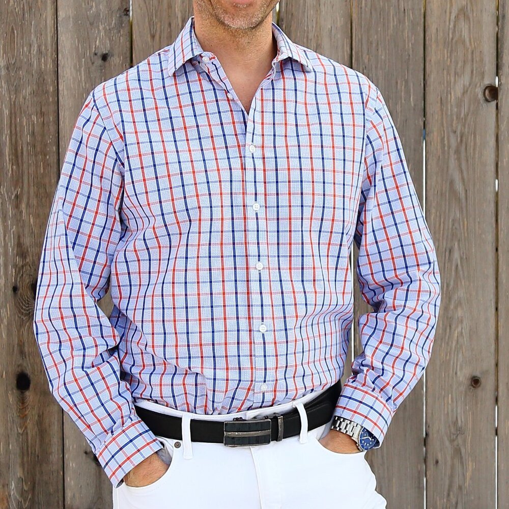 Whitish Blue, Orange Striped IZOD Patterned Long-Sleeved Size: 16 34/35